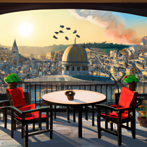 איור של מסעדת גג ירושלמית עם נוף מהמם של העיר.