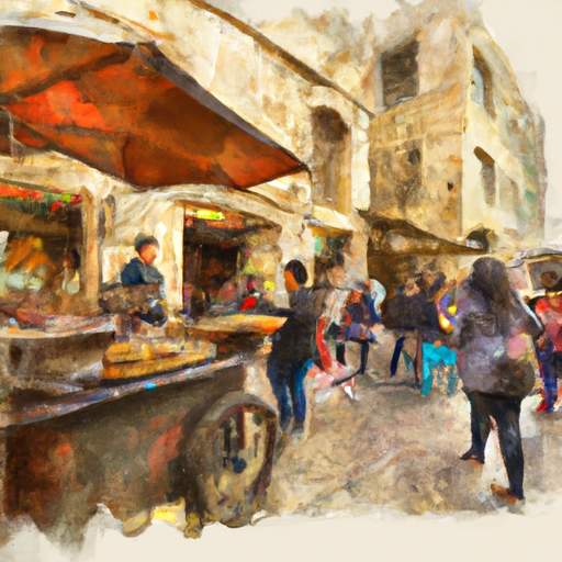 תמונה של סצנת רחוב ירושלמית מסורתית, עם אנשים שנהנים מאוכל רחוב ורוכלים שמוכרים תוצרת.
