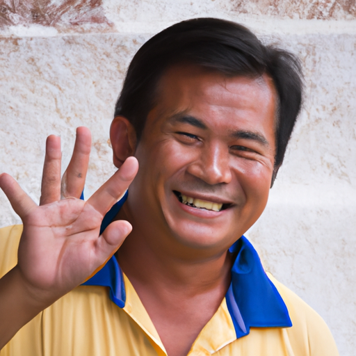 תאילנדי מקומי מחייך ומנופף למצלמה